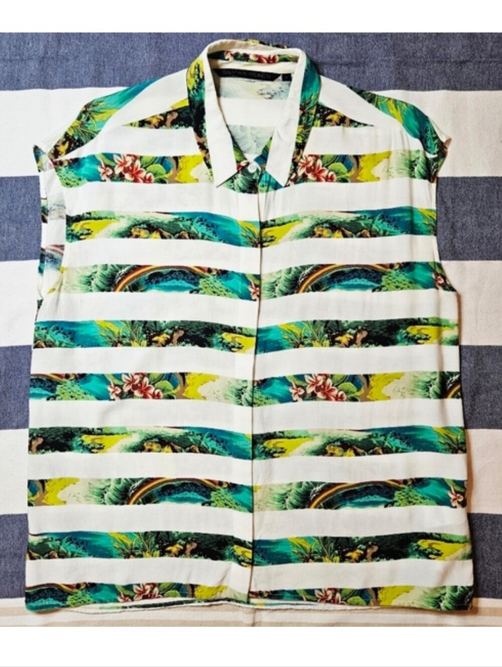 Sylvian Heach Hawaiian Striped Viscose Cap Sleeve Blouse Medium